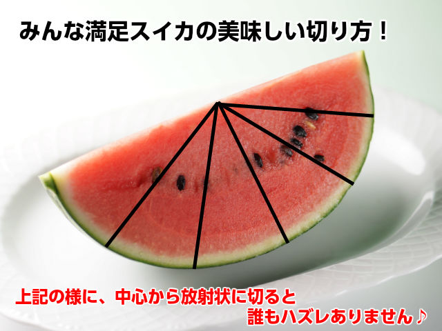 スイカの切り方 中心から放射状に切ることで、どのカットを食べても甘くてハズレ無しです!