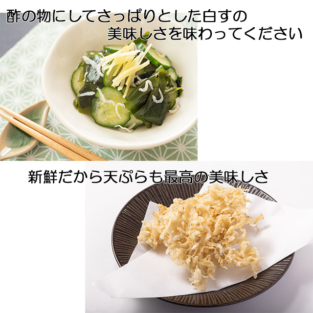 酢の物にしてさっぱりとした白すの美味しさを味わってください。新鮮だから天ぷらも最高の美味しさ！しらす釜揚げ　茨城県大洗前浜