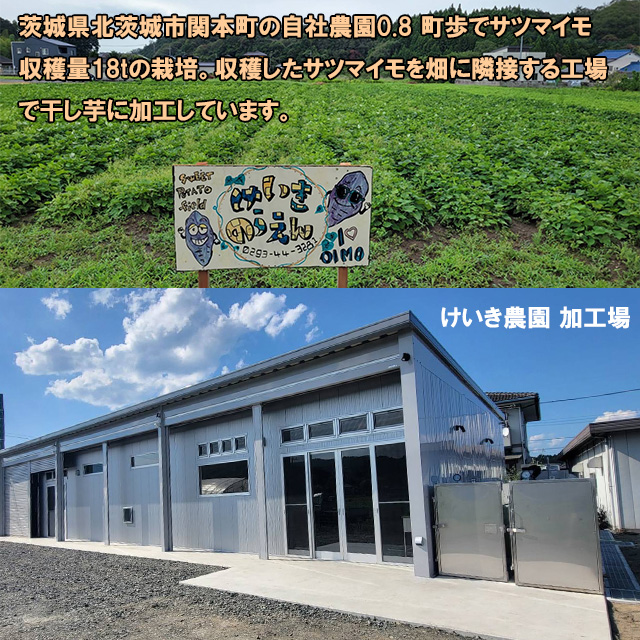 茨城県北茨城市関本町の自社農園0.8 町歩でサツマイモ収穫量18tの栽培。収穫したサツマイモを畑に隣接する工場で干し芋に加工しています。けいき農園 加工場